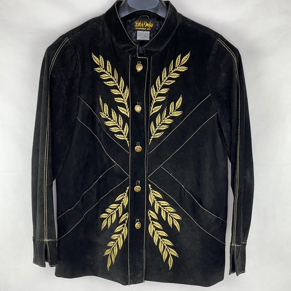 Bob Mackie Gold Embroidered Black Leather Suede Jacket